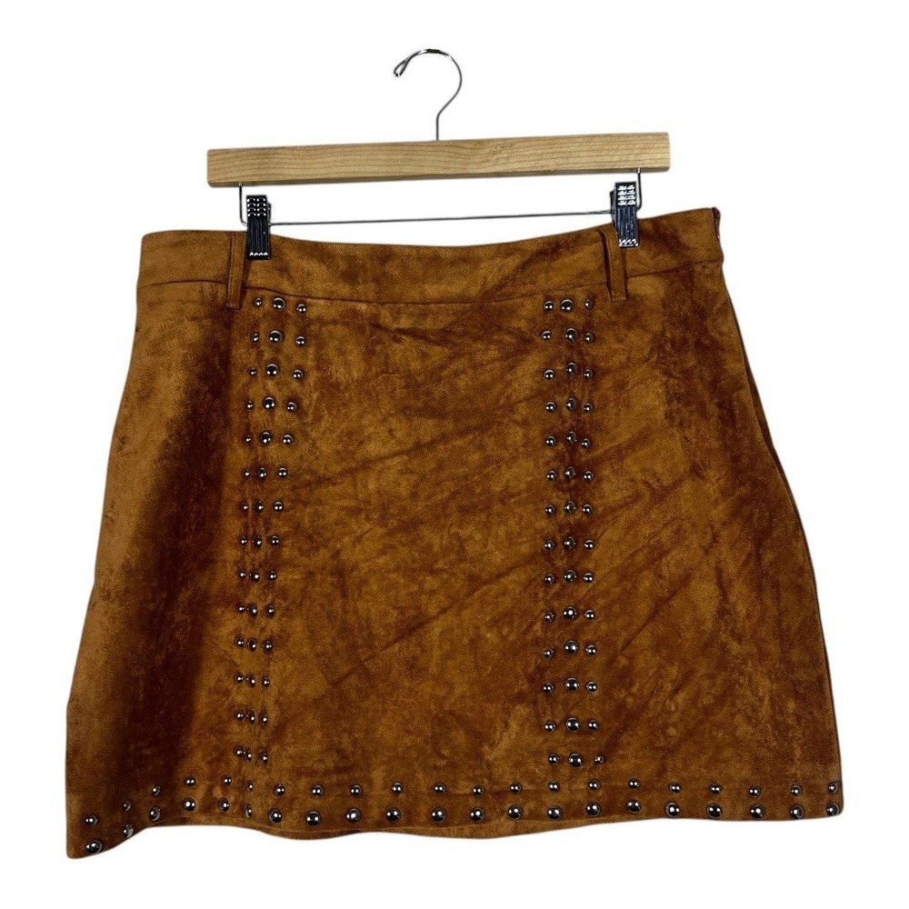 Womens Studded Faux Suede A-Line Mini Skirt Cognac Brown Western Country Size 1X